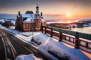 das Sonne setzt Über ein Kirche und Brücke im Winter. KI-generiert foto