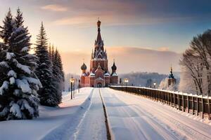 ein schneebedeckt Straße führt zu ein Kirche im das Winter. KI-generiert foto