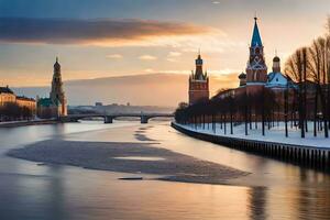 das kreml Fluss im Winter mit ein Brücke und Gebäude. KI-generiert foto