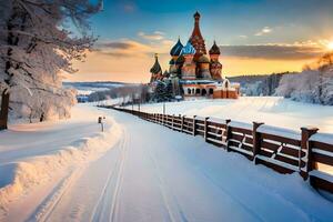 ein schön Winter Szene mit ein Kirche im das Hintergrund. KI-generiert foto