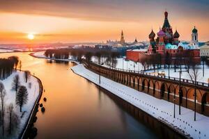 das Kreml und das Fluss Moskau beim Sonnenuntergang. KI-generiert foto