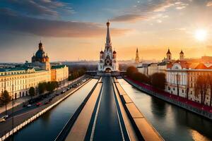 das Sonne steigt an Über das Stadt von Moskau. KI-generiert foto