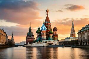 das rot Platz im Moskau, Russland beim Sonnenuntergang. KI-generiert foto