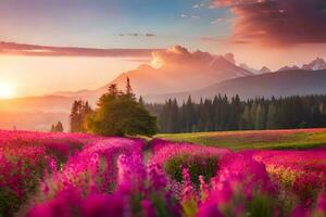 ein schön Rosa Feld mit Blumen und Berge im das Hintergrund. KI-generiert foto
