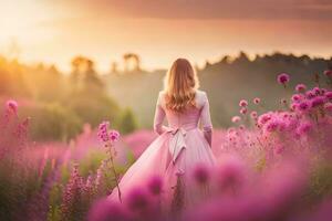 ein Frau im ein Rosa Kleid Gehen durch ein Feld von lila Blumen. KI-generiert foto