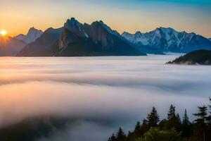 das Sonne steigt an Über das Berge und Nebel im das Schlucht. KI-generiert foto