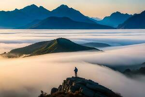 ein Mann Stehen auf oben von ein Berg mit Blick auf das Wolken. KI-generiert foto