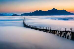 ein Brücke Über das Wolken im das Berge. KI-generiert foto