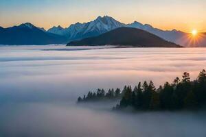 das Sonne steigt an Über das Berge und Nebel im diese Foto. KI-generiert foto