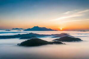 Sonnenaufgang Über Berge und Nebel im das Distanz. KI-generiert foto
