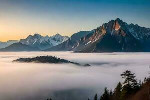 das Sonne steigt an Über das Berge und Nebel im das Schlucht. KI-generiert foto