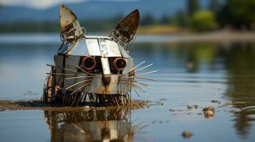 ein draussen See dient wie ein reflektierend Spiegel, Hervorheben das einzigartig Schönheit von ein Metall Katze Skulptur Stehen im das Wasser, ai generativ foto