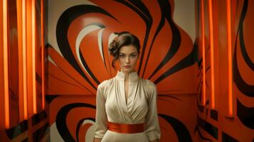 ein Frau im ein Weiß Kleid steht Vor ein Orange Wand, ihr Gegenwart und Kleidung ein Kunstwerk Das erfasst das Schönheit von das Mensch Geist, ai generativ foto