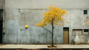 auf ein kühl Herbst Tag, ein beschwingt Gelb Baum steht stolz gegen ein hoch aufragend Mauer von ein stattlich Gebäude, es ist Geäst erreichen zu das Straße unter, ai generativ foto