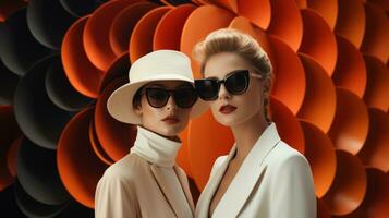 zwei strahlend Frauen im stilvoll Orange Kleidung Stand Seite an Seite, tragen Sonnenbrille und Hüte mit strahlend lächelt, bereit zu nehmen auf das Welt, ai generativ foto