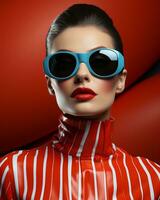 ein Cool, zuversichtlich Frau Felsen ein klassisch aussehen von rot Lippenstift und stilvoll Sonnenbrille, Hinzufügen ein modisch Zubehörteil zu ihr Porträt, ai generativ foto