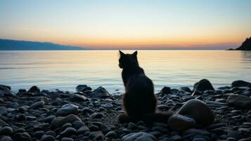 wie das Sonne setzt, ein majestätisch Säugetier sitzt oben auf ein felsig Strand, es ist Silhouette beleuchtet durch das riesig Weite von das Himmel, Meer, und Land unter Es, ai generativ foto