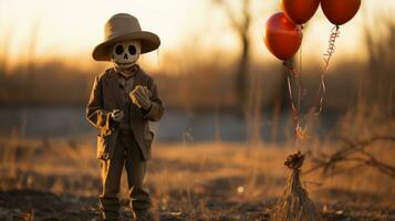 ein Zombie steht im ein grasig Feld, tragen ein draussen Hut und ein Kleidungsstück dekoriert mit ein spielerisch Ballon, inspirierend ein Sinn von Freiheit und Freude, ai generativ foto