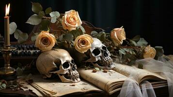 ein dunkel, kerzenbeleuchtet Szene von zwei Schädel geschmückt mit duftend Rosen, eingebettet oben auf ein Array von mysteriös Bücher, Erstellen ein unheimlich noch fesselnd Kernstück zum irgendein Innen- Raum, ai generativ foto
