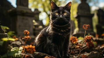 ein schwarz Katze mit auffällig Schnurrhaare thront Friedhof ist ein Bild von wild Schönheit und heiter Majestät, ai generativ foto