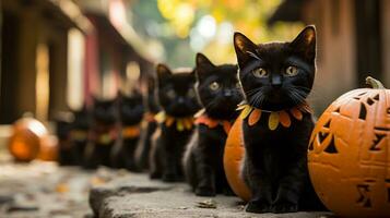 auf ein knackig Herbst Nacht, ein Versammlung von mysteriös schwarz Katzen Salon um ein draussen Szene, beleuchtet durch das warm glühen von beschwingt Orange Kürbisse, ai generativ foto