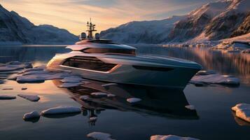 ein Boot im das Wasser und schneebedeckt Berge, ai generativ foto