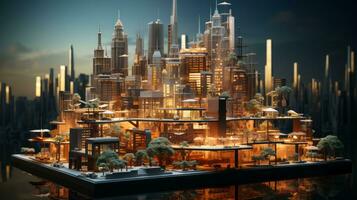 3d Modell- von Stadt mit viele Gebäude und Bäume, ai generativ foto
