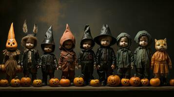 ein gespenstisch noch charmant Szene von Halloween-Themen Puppen versammelt um Kürbisse bringt ein Luft von Verzauberung und launisch zu irgendein Innen- Raum, ai generativ foto