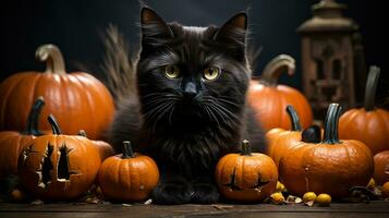 auf Halloween Nacht, ein schwarz Katze zusammengerollt oben unter das Kürbisse, beleuchtet durch das warm, einladend glühen von diese herbstlich Gemüse Menagerie, ai generativ foto