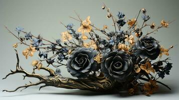 diese auffällig schwarz und Gold Skulptur von Blumen Sprengung von ein Vase weckt ein Emotion von wild Schönheit, bringen das draussen Schönheit von Rosen drinnen zu verzaubern irgendein Raum, ai generativ foto