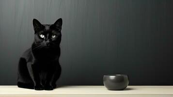 ein schwarz Katze mit weich, flauschige Schnurrhaare sitzt zufrieden auf ein Tisch, es ist Piercing Blick reflektieren aus das Wände von es ist gemütlich Innen- heim, ai generativ foto