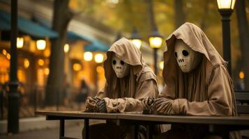 zwei maskiert Fremde, Sitzung beim ein Tabelle draußen inmitten das Dunkelheit von Nacht, hervorrufen ein Sinn von Geheimnis und Intrigen wie Sie sind umgeben durch Kleidung drapiert Statuen im das Straße, ai generativ foto