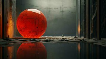 das beschwingt rot Kugel schimmert im das Licht, reflektieren aus das Oberfläche von das immer noch Wasser mögen ein magisch Juwel, ai generativ foto