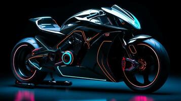 aufdrehen es ist mächtig Motor, das schwarz Motorrad mit Neon- Beleuchtung loderte ein Weg von Energie und Aufregung durch das Nacht, es ist leuchtenden Rad und Reifen bereit zum irgendein Abenteuer, ai generativ foto