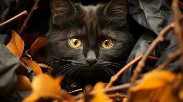 auf ein knackig Herbst Tag, ein klein schwarz Kätzchen mit hell Orange Augen späht aus von hinter ein Busch, es ist pelzig Schnurrhaare Zucken wie es Umfragen es ist Neu Welt mit ein wild und neugierig Luft, ai generativ foto