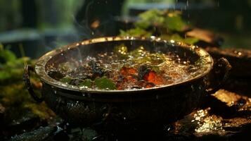 ein beschwingt Schüssel von Wasser gefüllt mit belaubt Grüns und ein Hinweis von Brokkoli schafft ein bunt Fest, perfekt zum Kochen oben ein köstlich und nahrhaft Mahlzeit drinnen, ai generativ foto