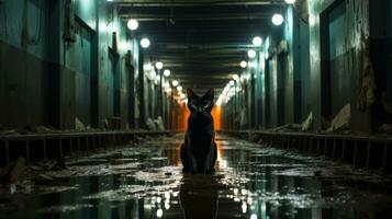 auf ein nass, Mondschein Nacht, ein Person steht im das Flur Aufpassen das Betrachtung von Licht tanzen über das Straße wie ein Katze Lounges träge im ein Schwimmbad von Wasser, ai generativ foto