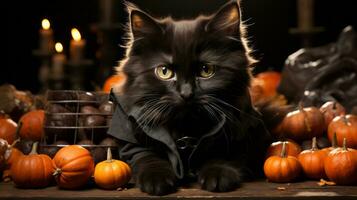 ein Katze im ein schwarz Mantel mit das beschwingt Kürbis, ai generativ foto