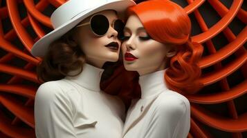 zwei beschwingt Frauen im modisch Orange Kleidung, tragen Weiß Hüte und mit feurig rot Haar, Stand selbstbewusst Seite an Seite, bereit zu nehmen auf das Welt, ai generativ foto