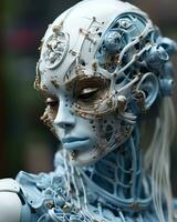 ein unheimlich noch fesselnd draussen Statue von ein Roboter Schädel tragen ein Gesicht Maske weckt ein Sinn von Wunder und Geheimnis, ai generativ foto