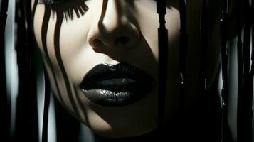 ein Frau Gesicht, beleuchtet durch das Schatten von ihr Wimpern, Lippen und Haut, offenbart ein intim Nahansicht von ihr zart und Komplex Organe, ai generativ foto