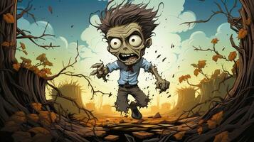 ein wunderlich und spannend Karikatur von ein verrückt Zombie Laufen wild durch ein bunt, animiert Landschaft, hervorrufen ein Sinn von chaotisch Abenteuer, ai generativ foto