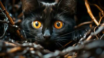 das mysteriös schwarz Katze mit es ist fesselnd Orange Augen Gleichaltrigen aus von ein Meer von Fell, es ist Schnurrhaare Zucken im das Sanft Brise, inspirierend Scheu und Wunder im alle Wer erblicken es ist Majestät, ai generativ foto