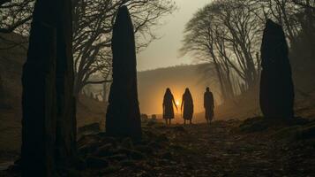 inmitten das hoch aufragend Bäume und wirbelnd Nebel, ein Gruppe von Abenteurer durchquert das mystisch draussen Landschaft, ihr Silhouetten mischen mit das uralt Megalithen, ai generativ foto