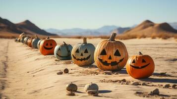 ein bunt Kakophonie von quetschen und Kürbisse, eingebettet im das sandig Umarmung von ein Wüste Oase unter ein riesig Himmel, weckt das ungezähmt Geist von Halloween im das Herz von das Wildnis, ai generativ foto