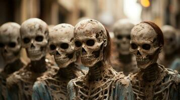 ein eindringlich schön Anzeige von Skelett- Kunst, wo Reihen von Schädel und Knochen sich ausruhen friedlich im das draussen Elemente, hervorrufen ein Sinn von unheimlich Gelassenheit, ai generativ foto
