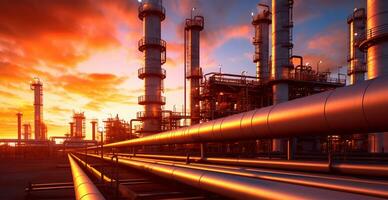 industriell Öl Raffinerie Bereich, Detail von Stahl Öl Pipeline Ausrüstung, Öl und Gas Lager - - ai generiert Bild foto