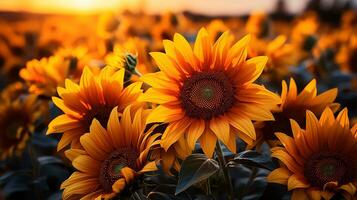 Sonnenblumen im ein Feld beim Sonnenuntergang ai generativ foto