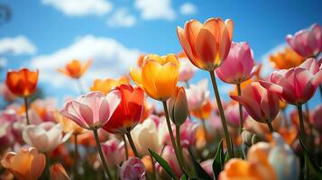 ein Feld von Mohnblumen mit ein Blau Himmel im das Hintergrund ai generativ foto