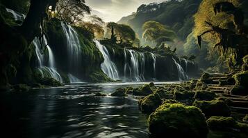 Wasserfall beim Sonnenuntergang im das Wald ai generativ foto